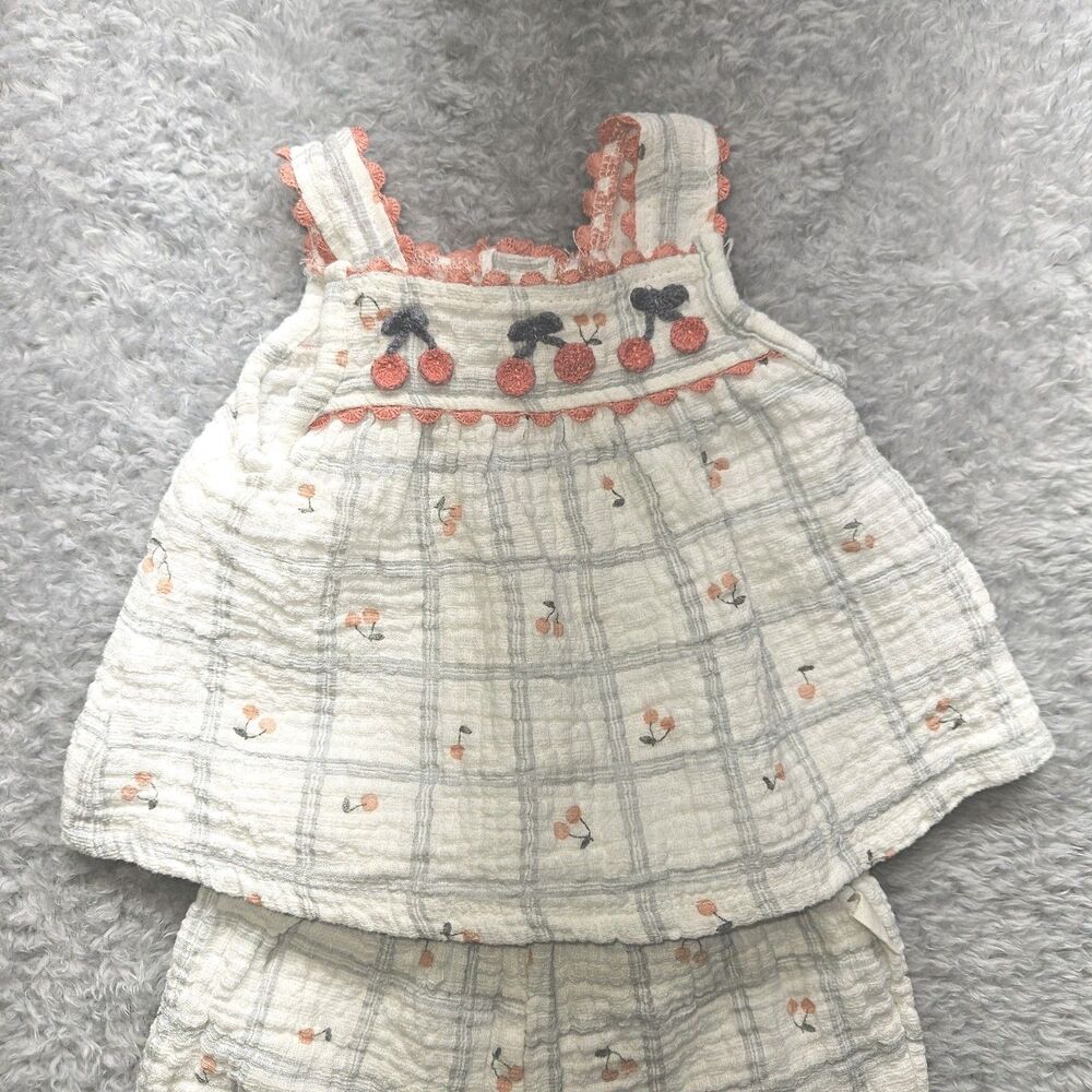 Rabbit Bear Organic Cotton Baby Girl Cherry Plaid Outfit Size 3-6 Months - Picture 2 of 7